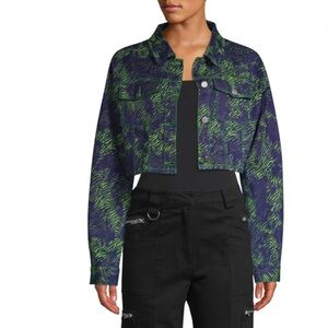 I.AM.GIA Sinead Navy and Green Tiger Cropped Jean Trucker Jacket NWOT